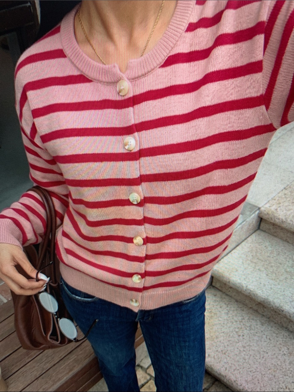 Striped Pink and Red Button-Up Wool Blend Sweater